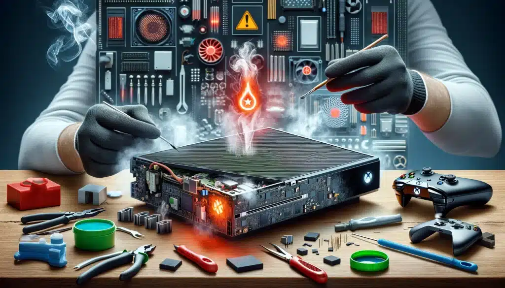 A technician fixing overheated Xbox