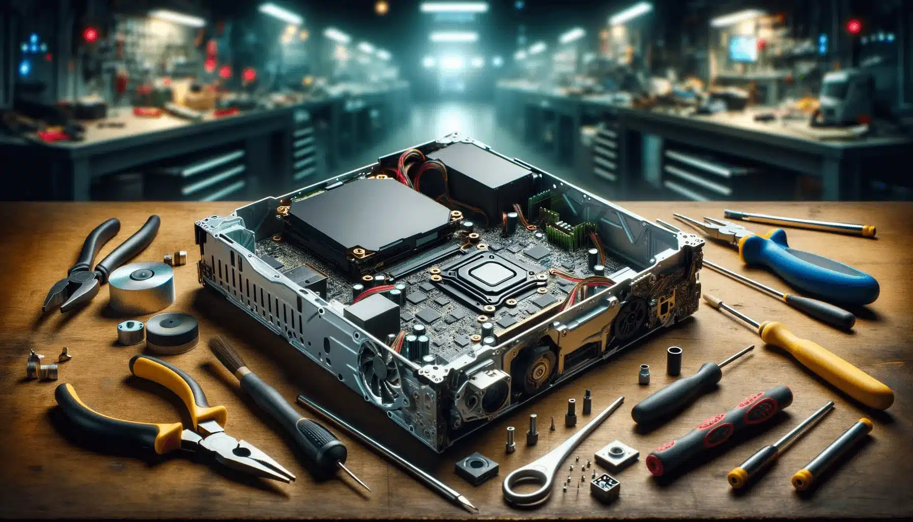 A gaming gadget with all parts taken out and repair tools next to it