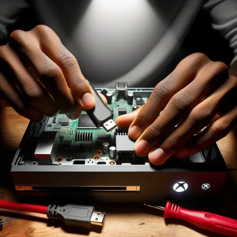 A technician working on a Xbox One HDMI