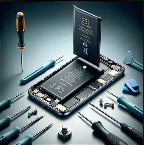 iPhone battery is replaced and it is surrounded by tools