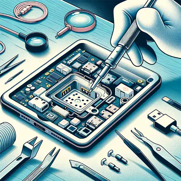 Technician fixing the charging port on an iPad