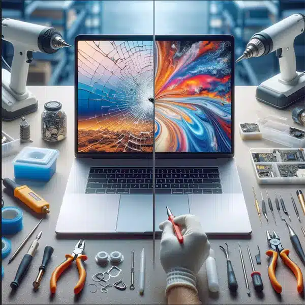 A technician repairing laptop with help of tools around it