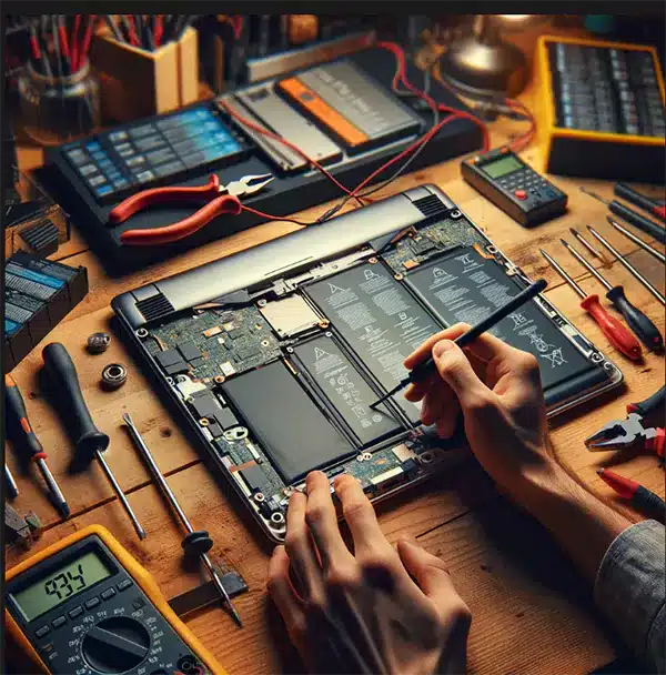 A technician repairing laptop with help of tools