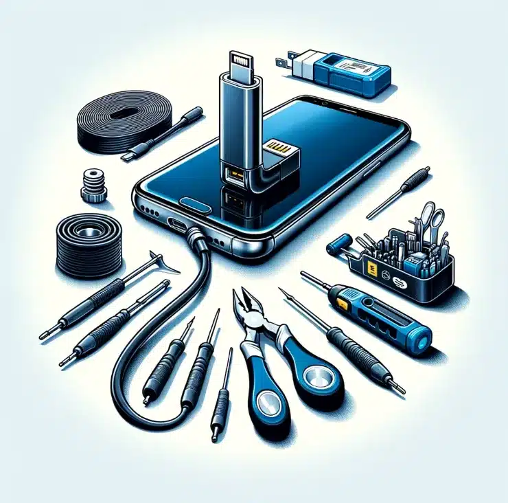 A phone which is repair surrounded by repair tools and a charging port on it