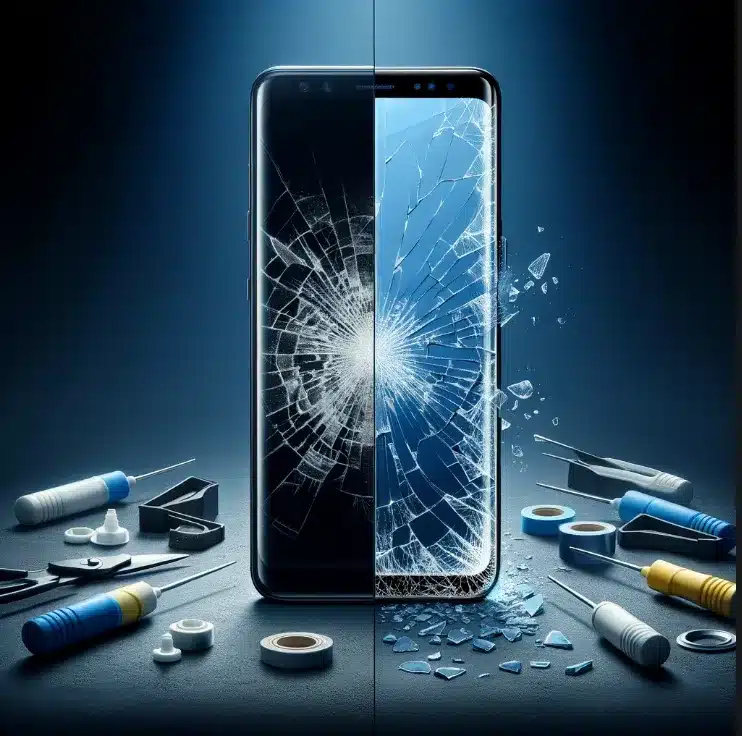 Shattered screen with repair tools