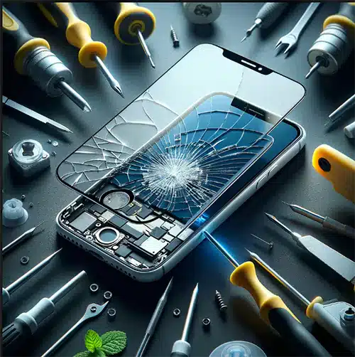 iPhone with shattered screen surrounded by tools
