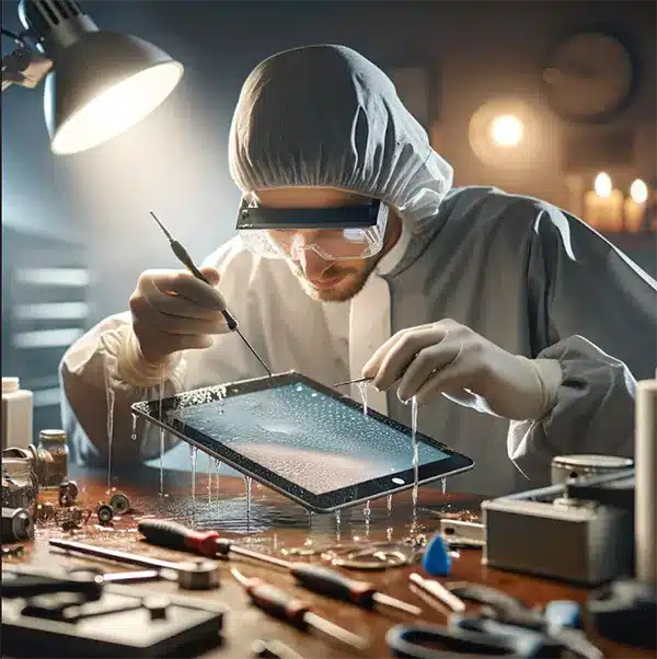 A technician repairing ipad which was damaged by water