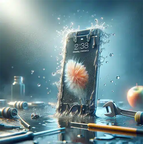 A iphone damaged by water and surrounded by repair tools